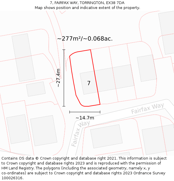 7, FAIRFAX WAY, TORRINGTON, EX38 7DA: Plot and title map