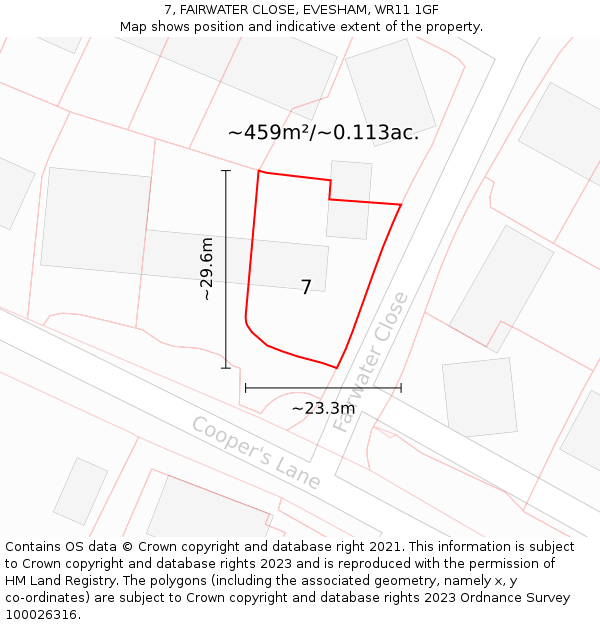 7, FAIRWATER CLOSE, EVESHAM, WR11 1GF: Plot and title map