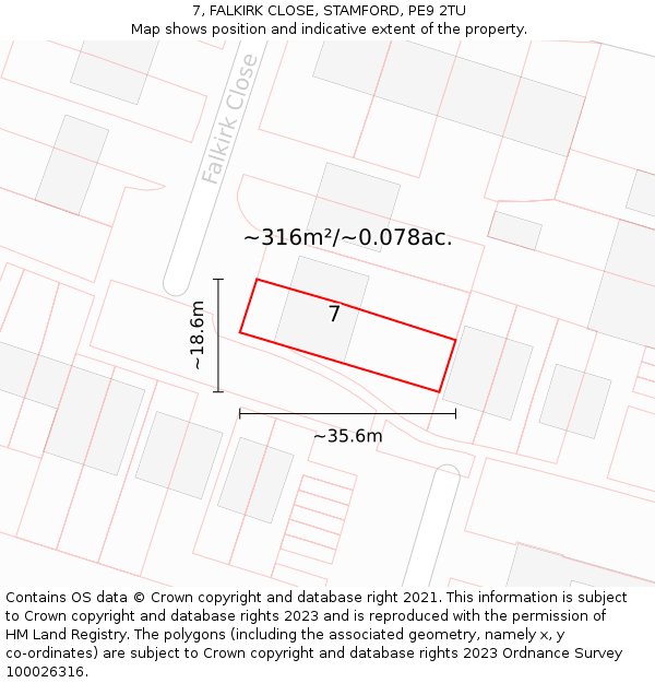 7, FALKIRK CLOSE, STAMFORD, PE9 2TU: Plot and title map