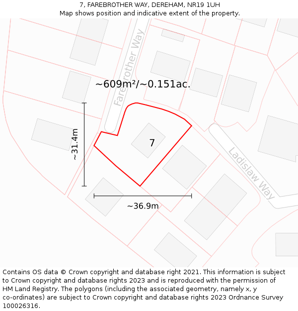 7, FAREBROTHER WAY, DEREHAM, NR19 1UH: Plot and title map