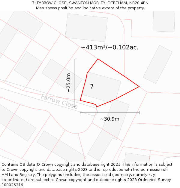7, FARROW CLOSE, SWANTON MORLEY, DEREHAM, NR20 4RN: Plot and title map