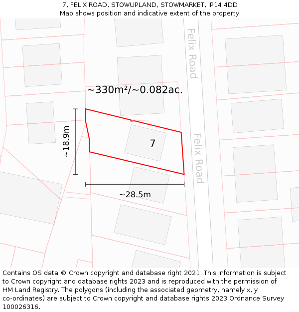 7, FELIX ROAD, STOWUPLAND, STOWMARKET, IP14 4DD: Plot and title map
