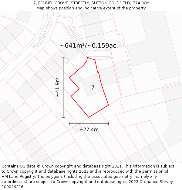 7, FENNEL GROVE, STREETLY, SUTTON COLDFIELD, B74 3QY: Plot and title map