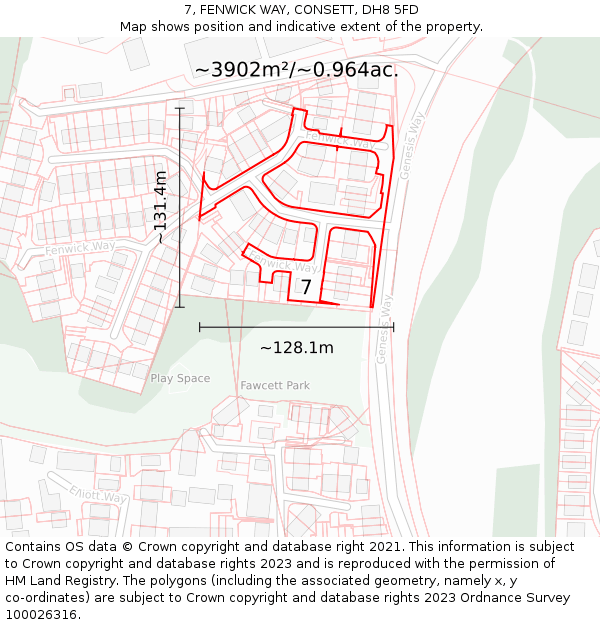 7, FENWICK WAY, CONSETT, DH8 5FD: Plot and title map