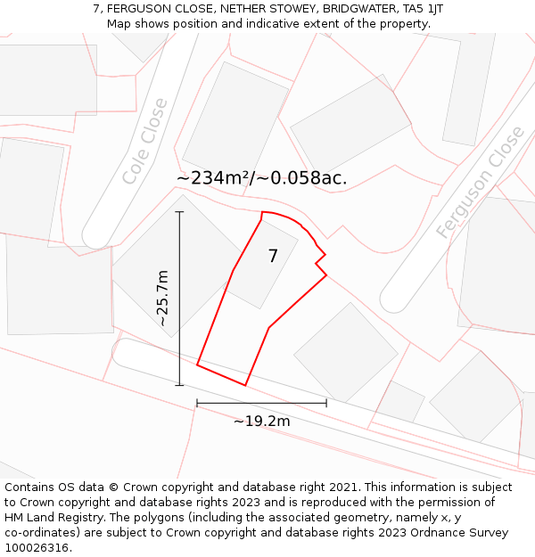 7, FERGUSON CLOSE, NETHER STOWEY, BRIDGWATER, TA5 1JT: Plot and title map