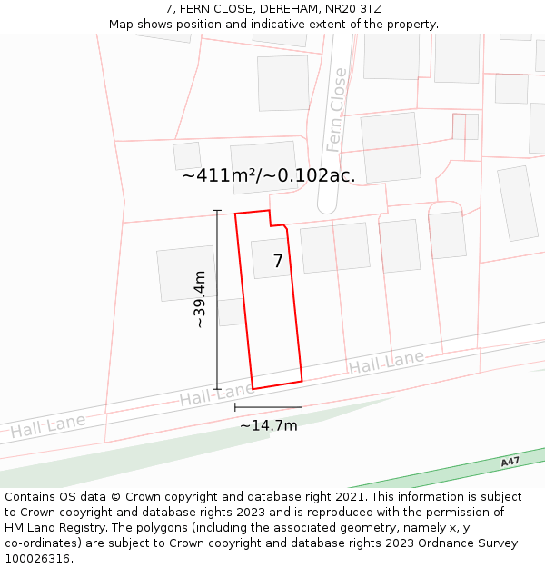 7, FERN CLOSE, DEREHAM, NR20 3TZ: Plot and title map