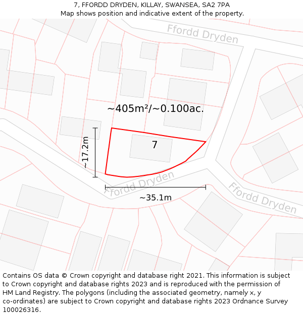 7, FFORDD DRYDEN, KILLAY, SWANSEA, SA2 7PA: Plot and title map