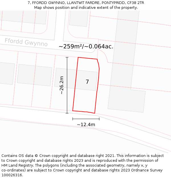 7, FFORDD GWYNNO, LLANTWIT FARDRE, PONTYPRIDD, CF38 2TR: Plot and title map