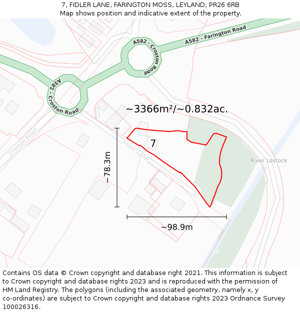 7, FIDLER LANE, FARINGTON MOSS, LEYLAND, PR26 6RB: Plot and title map