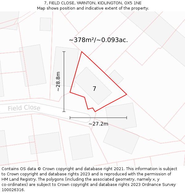 7, FIELD CLOSE, YARNTON, KIDLINGTON, OX5 1NE: Plot and title map