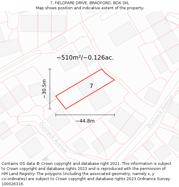 7, FIELDFARE DRIVE, BRADFORD, BD6 3XL: Plot and title map