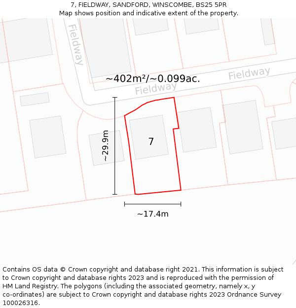 7, FIELDWAY, SANDFORD, WINSCOMBE, BS25 5PR: Plot and title map