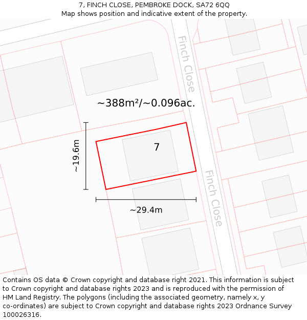 7, FINCH CLOSE, PEMBROKE DOCK, SA72 6QQ: Plot and title map