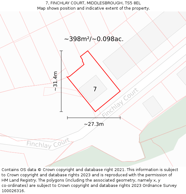 7, FINCHLAY COURT, MIDDLESBROUGH, TS5 8EL: Plot and title map