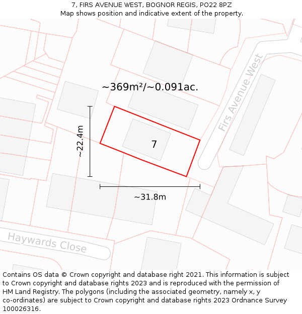 7, FIRS AVENUE WEST, BOGNOR REGIS, PO22 8PZ: Plot and title map