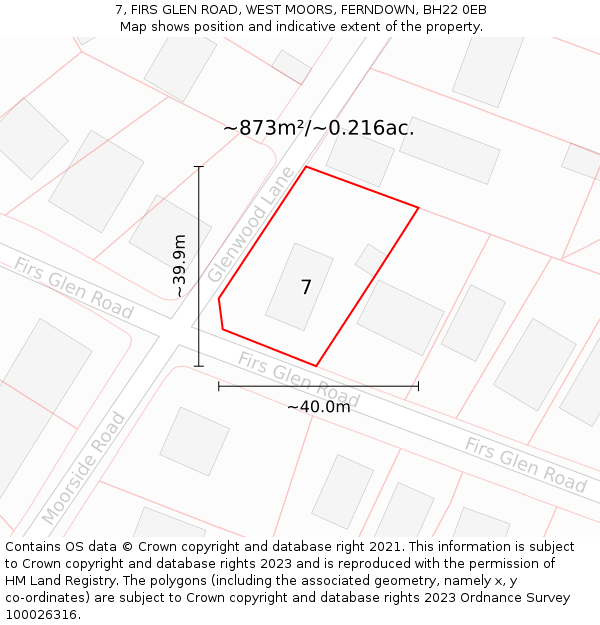 7, FIRS GLEN ROAD, WEST MOORS, FERNDOWN, BH22 0EB: Plot and title map