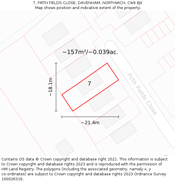 7, FIRTH FIELDS CLOSE, DAVENHAM, NORTHWICH, CW9 8JX: Plot and title map