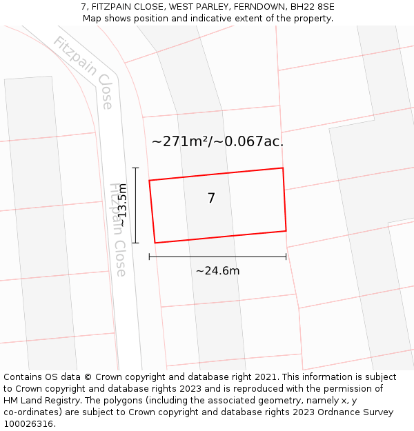7, FITZPAIN CLOSE, WEST PARLEY, FERNDOWN, BH22 8SE: Plot and title map