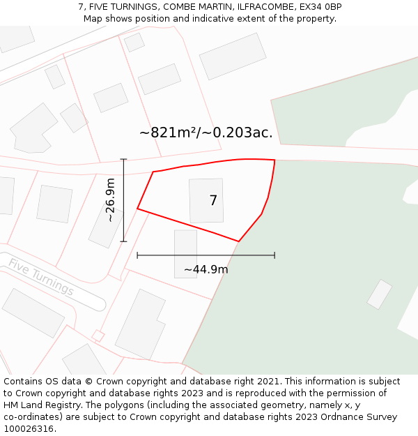 7, FIVE TURNINGS, COMBE MARTIN, ILFRACOMBE, EX34 0BP: Plot and title map