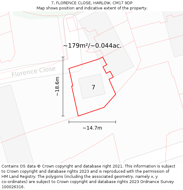 7, FLORENCE CLOSE, HARLOW, CM17 9DP: Plot and title map