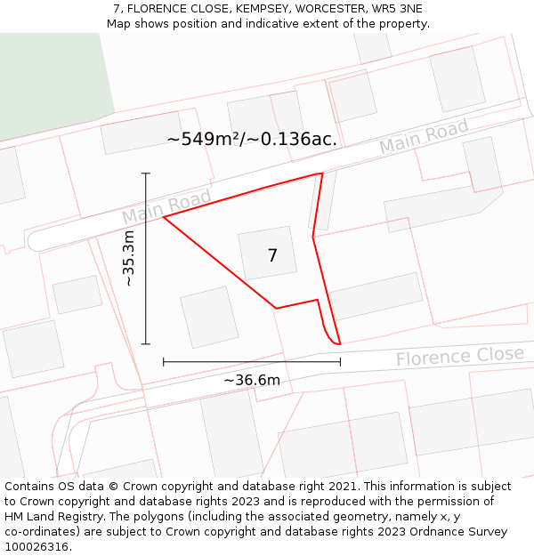 7, FLORENCE CLOSE, KEMPSEY, WORCESTER, WR5 3NE: Plot and title map