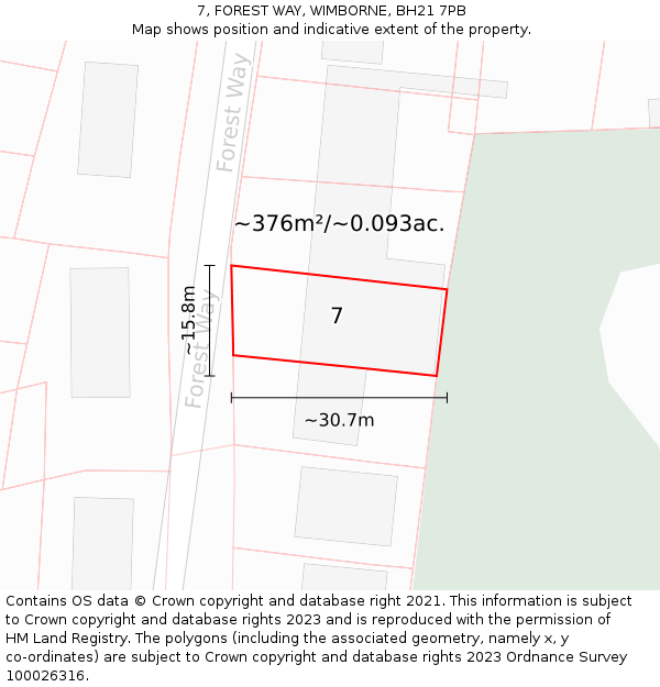 7, FOREST WAY, WIMBORNE, BH21 7PB: Plot and title map