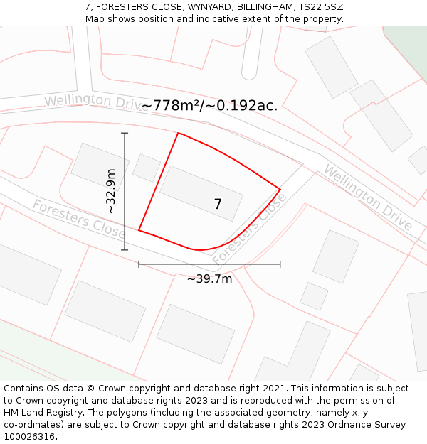 7, FORESTERS CLOSE, WYNYARD, BILLINGHAM, TS22 5SZ: Plot and title map