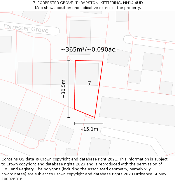 7, FORRESTER GROVE, THRAPSTON, KETTERING, NN14 4UD: Plot and title map