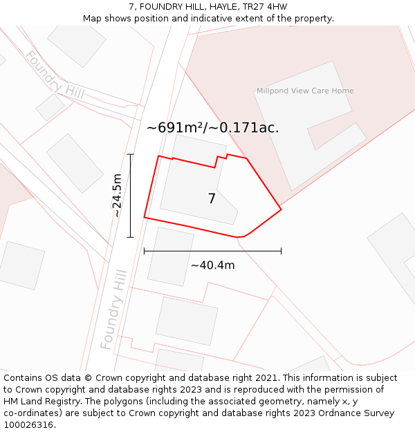 7, FOUNDRY HILL, HAYLE, TR27 4HW: Plot and title map