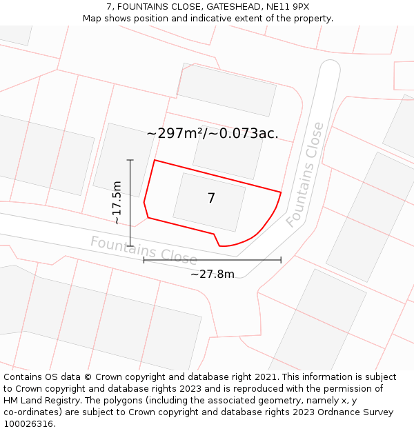 7, FOUNTAINS CLOSE, GATESHEAD, NE11 9PX: Plot and title map