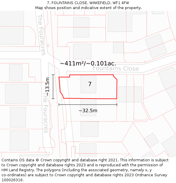 7, FOUNTAINS CLOSE, WAKEFIELD, WF1 4FW: Plot and title map