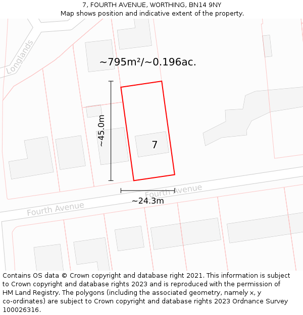 7, FOURTH AVENUE, WORTHING, BN14 9NY: Plot and title map