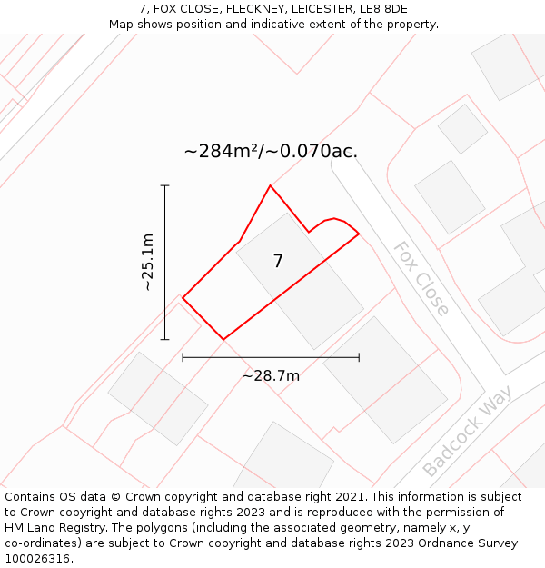 7, FOX CLOSE, FLECKNEY, LEICESTER, LE8 8DE: Plot and title map