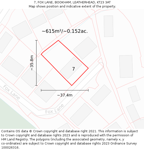 7, FOX LANE, BOOKHAM, LEATHERHEAD, KT23 3AT: Plot and title map