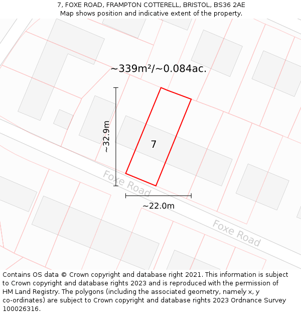 7, FOXE ROAD, FRAMPTON COTTERELL, BRISTOL, BS36 2AE: Plot and title map