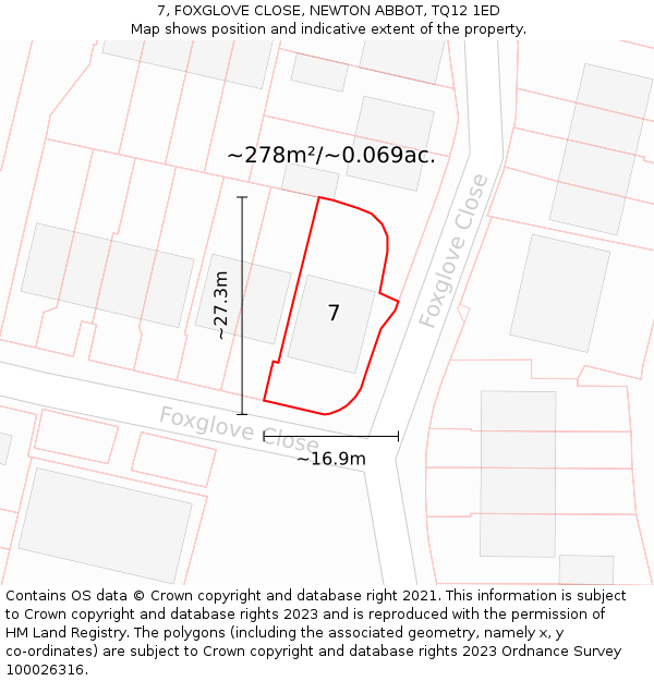 7, FOXGLOVE CLOSE, NEWTON ABBOT, TQ12 1ED: Plot and title map