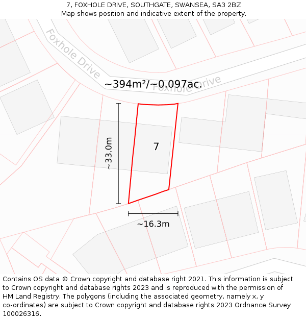 7, FOXHOLE DRIVE, SOUTHGATE, SWANSEA, SA3 2BZ: Plot and title map