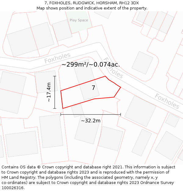 7, FOXHOLES, RUDGWICK, HORSHAM, RH12 3DX: Plot and title map