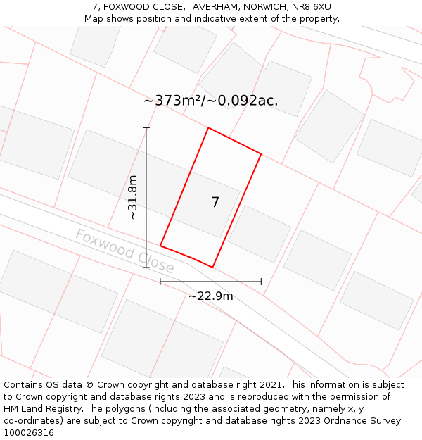 7, FOXWOOD CLOSE, TAVERHAM, NORWICH, NR8 6XU: Plot and title map