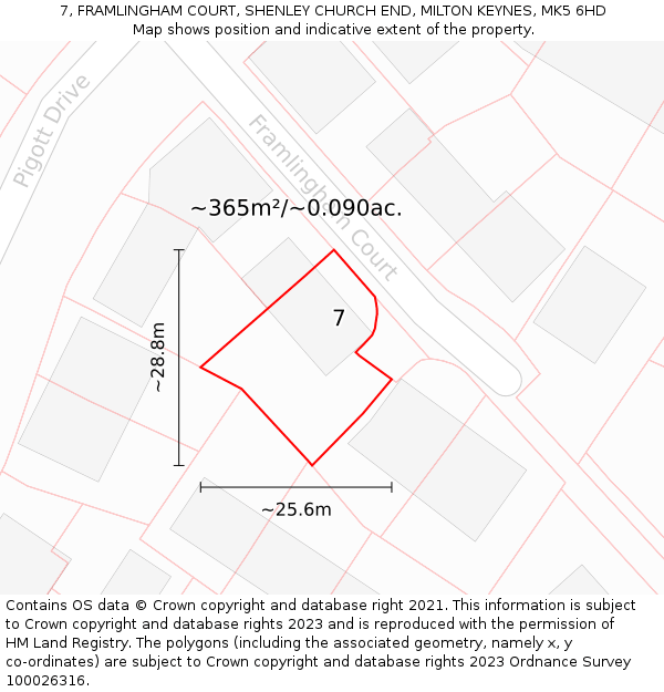 7, FRAMLINGHAM COURT, SHENLEY CHURCH END, MILTON KEYNES, MK5 6HD: Plot and title map