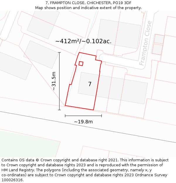 7, FRAMPTON CLOSE, CHICHESTER, PO19 3DF: Plot and title map