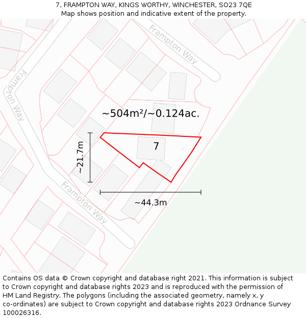 7, FRAMPTON WAY, KINGS WORTHY, WINCHESTER, SO23 7QE: Plot and title map