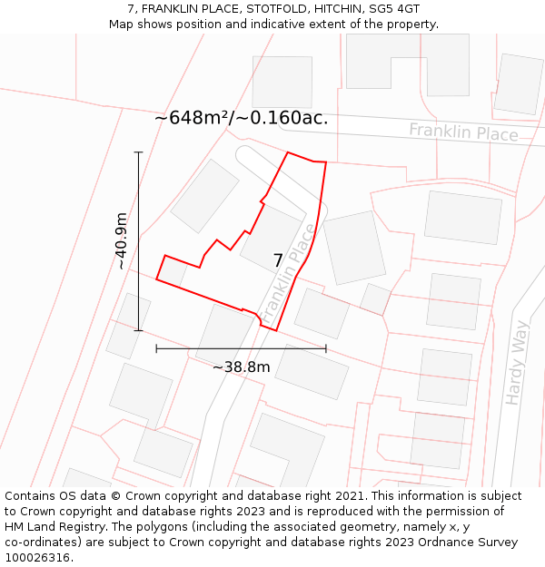 7, FRANKLIN PLACE, STOTFOLD, HITCHIN, SG5 4GT: Plot and title map