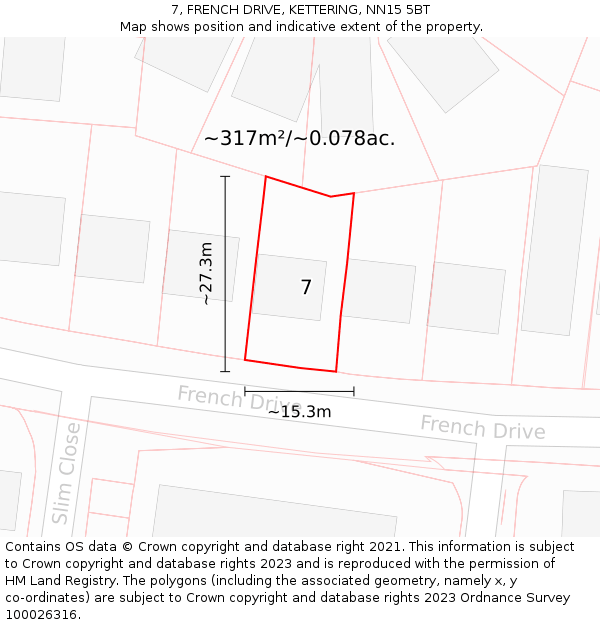 7, FRENCH DRIVE, KETTERING, NN15 5BT: Plot and title map