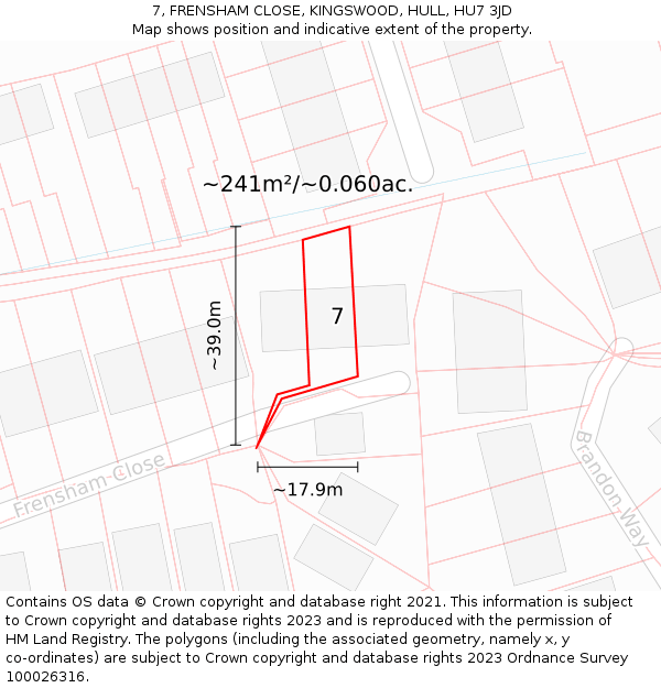 7, FRENSHAM CLOSE, KINGSWOOD, HULL, HU7 3JD: Plot and title map