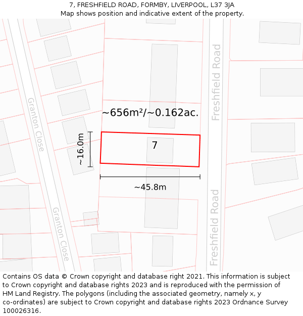 7, FRESHFIELD ROAD, FORMBY, LIVERPOOL, L37 3JA: Plot and title map