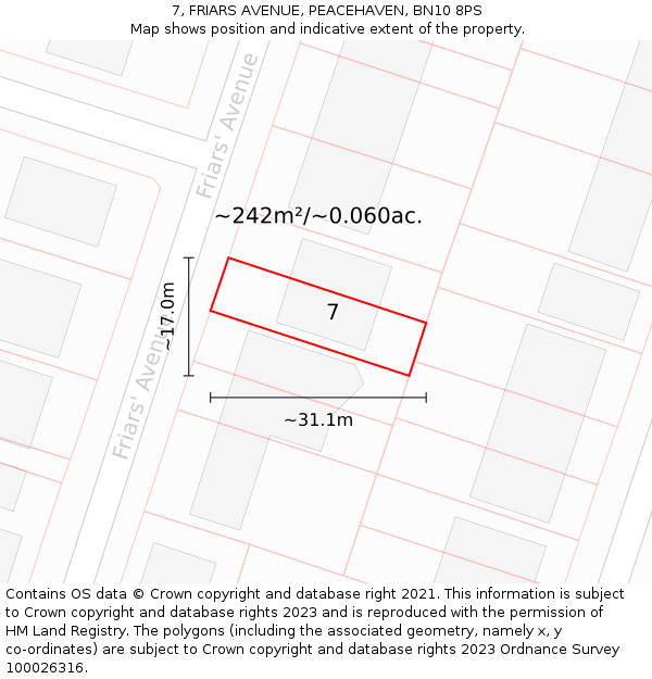 7, FRIARS AVENUE, PEACEHAVEN, BN10 8PS: Plot and title map