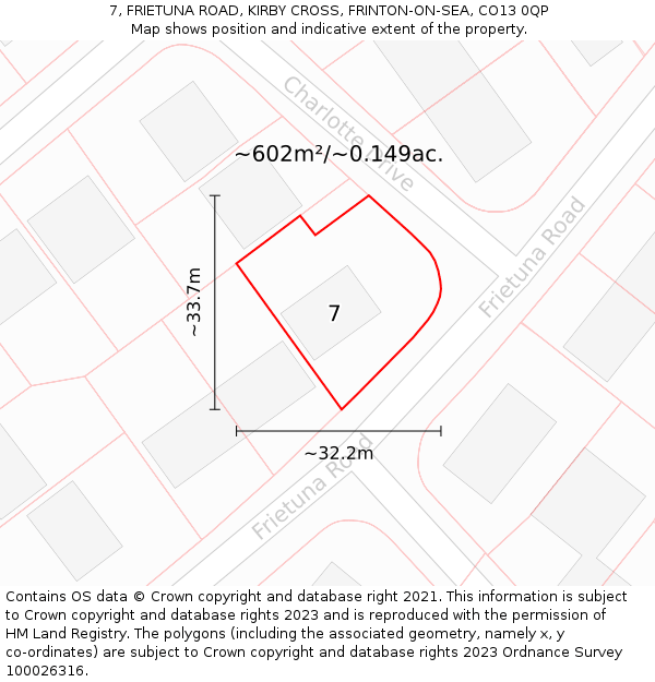 7, FRIETUNA ROAD, KIRBY CROSS, FRINTON-ON-SEA, CO13 0QP: Plot and title map