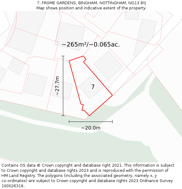 7, FROME GARDENS, BINGHAM, NOTTINGHAM, NG13 8YJ: Plot and title map