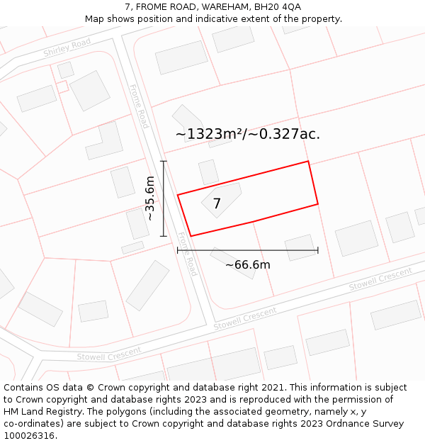 7, FROME ROAD, WAREHAM, BH20 4QA: Plot and title map